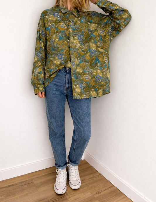 Camisa Vintage Verde de Manga Larga con Estampado Floral