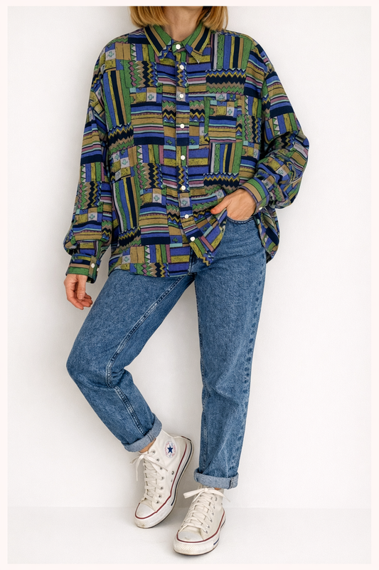 Camisa Vintage de Manga Larga con Estampado Geométrico Verde y Azul