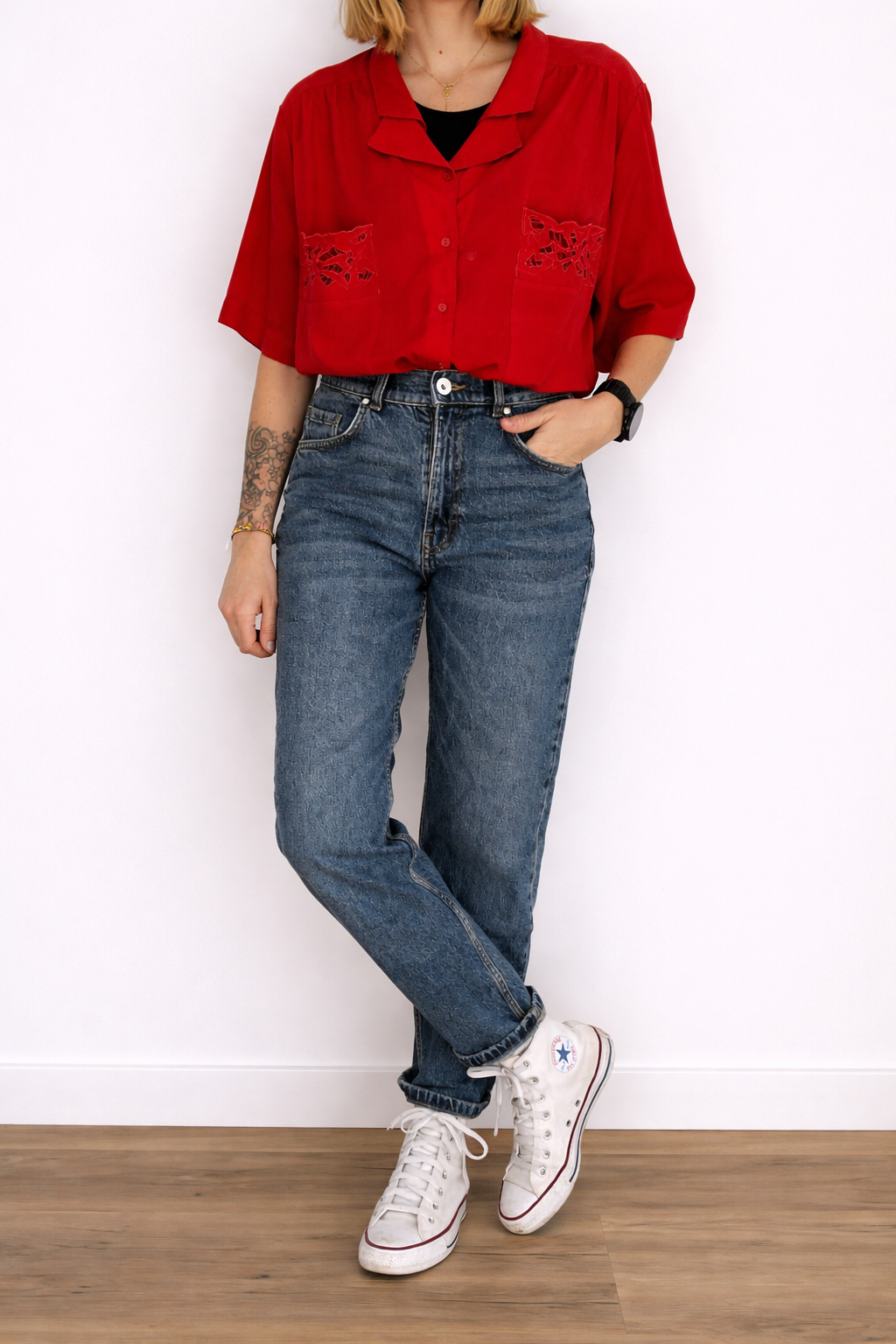 Camisa Vintage Roja de Manga Corta con Bolsillos en Viscosa