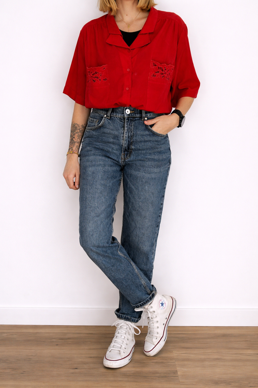Camisa Vintage Roja de Manga Corta con Bolsillos en Viscosa