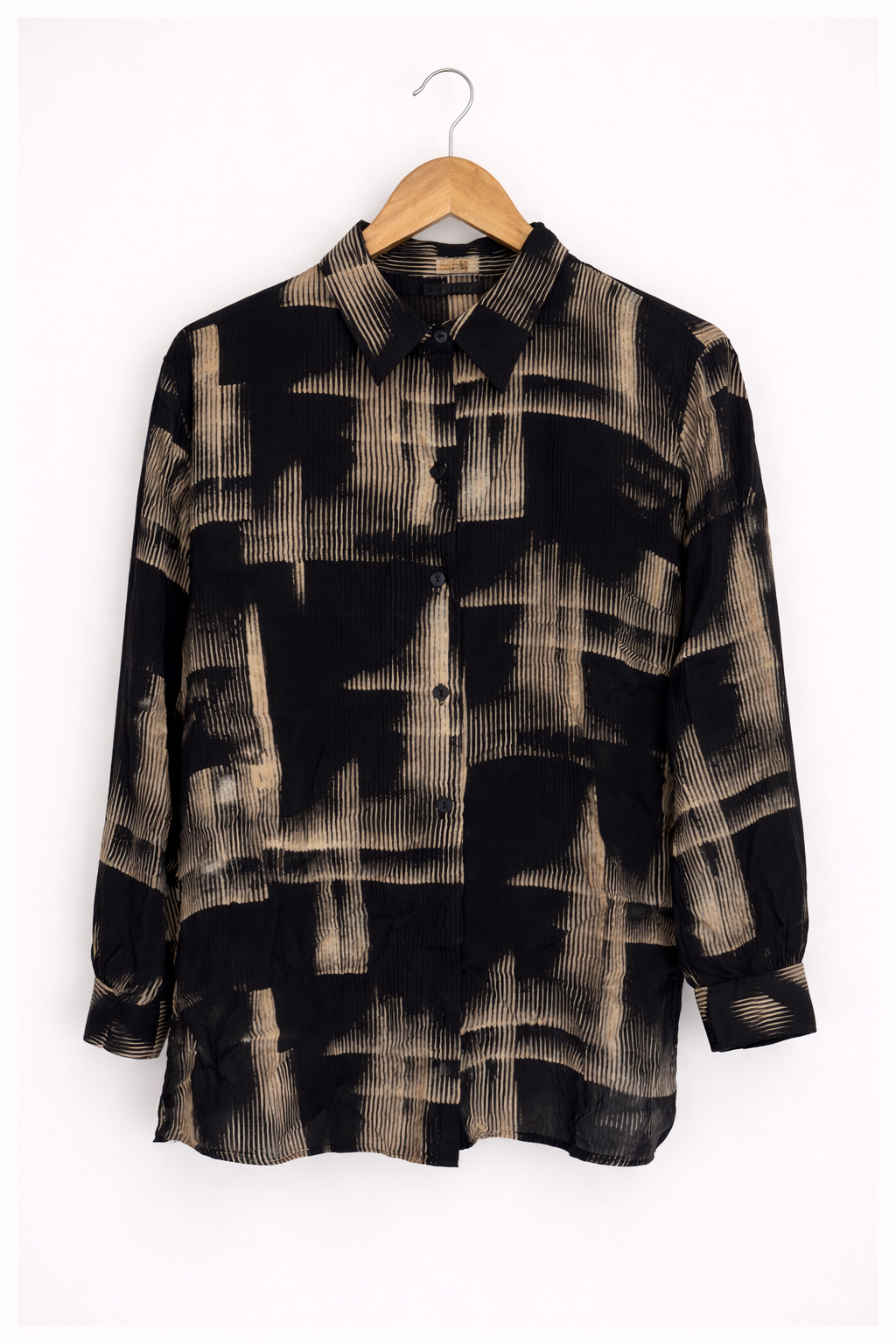 Camisa Vintage Negra de Manga Larga con Rayas Marrón