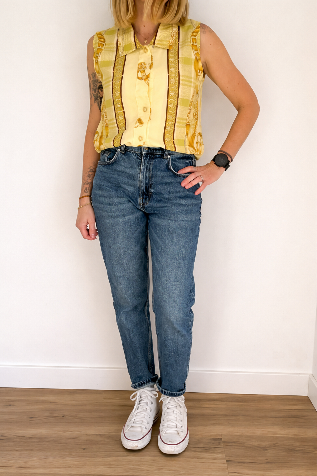 Camisa Vintage Sin Mangas Amarilla con Estampado de Cadenas