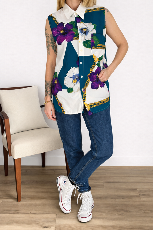 Camisa Vintage Sin Mangas Blanca con Flores Lila