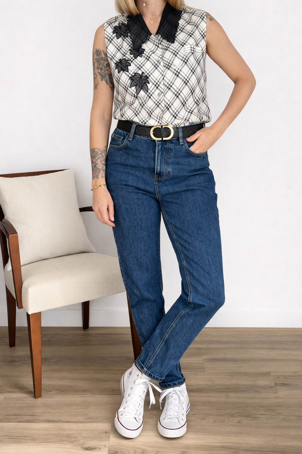 Camisa Vintage Sin Mangas Cuadros Negros con Detalles Crochet