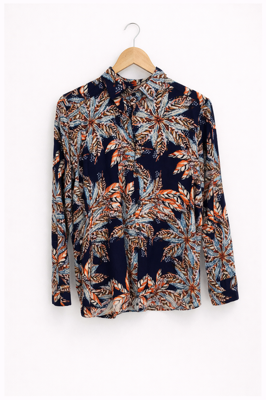 Camisa  Vintage Azul Marino con Estampado de Palmeras