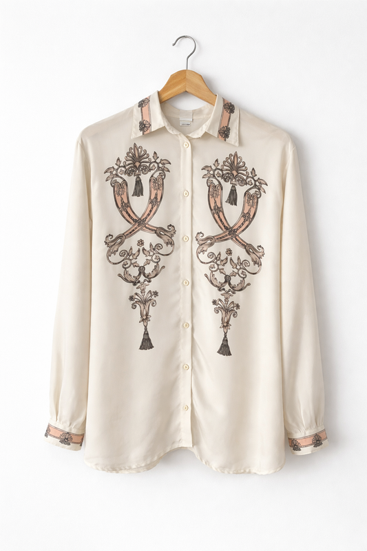 Camisa Vintage Blanca Roto de Manga Larga con Detalle Decorativo