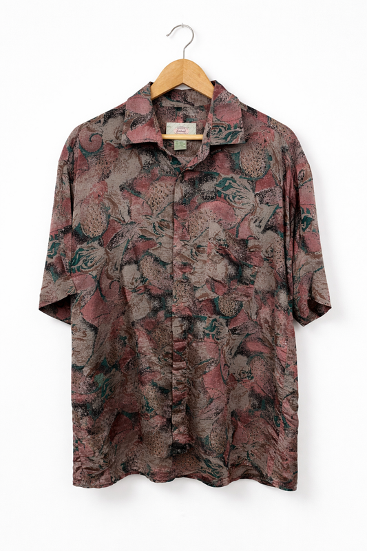 Camisa Vintage Oversize Rosa Satinada de Manga Corta