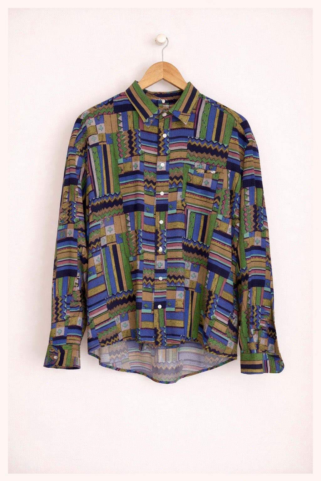 Camisa Vintage de Manga Larga con Estampado Geométrico Verde y Azul