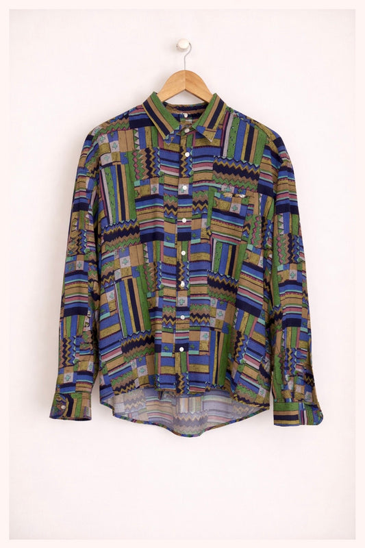 Camisa Vintage de Manga Larga con Estampado Geométrico Verde y Azul