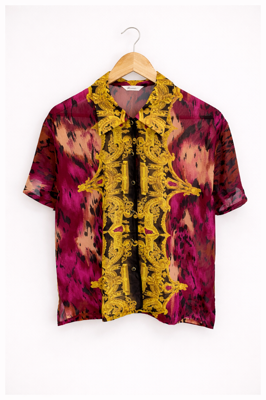 Camisa Vintage Leopardo Rosa de Manga Corta en Viscosa