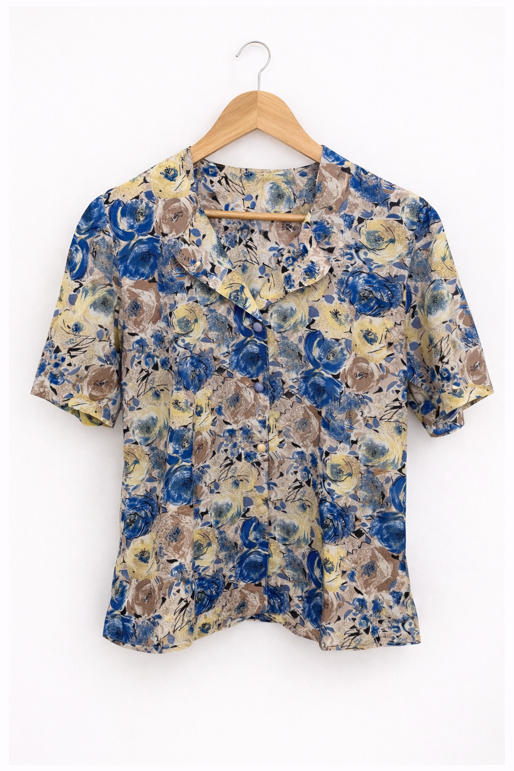 Camisa Vintage de Flores Azul de Manga Corta