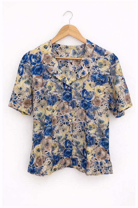 Camisa Vintage de Flores Azul de Manga Corta