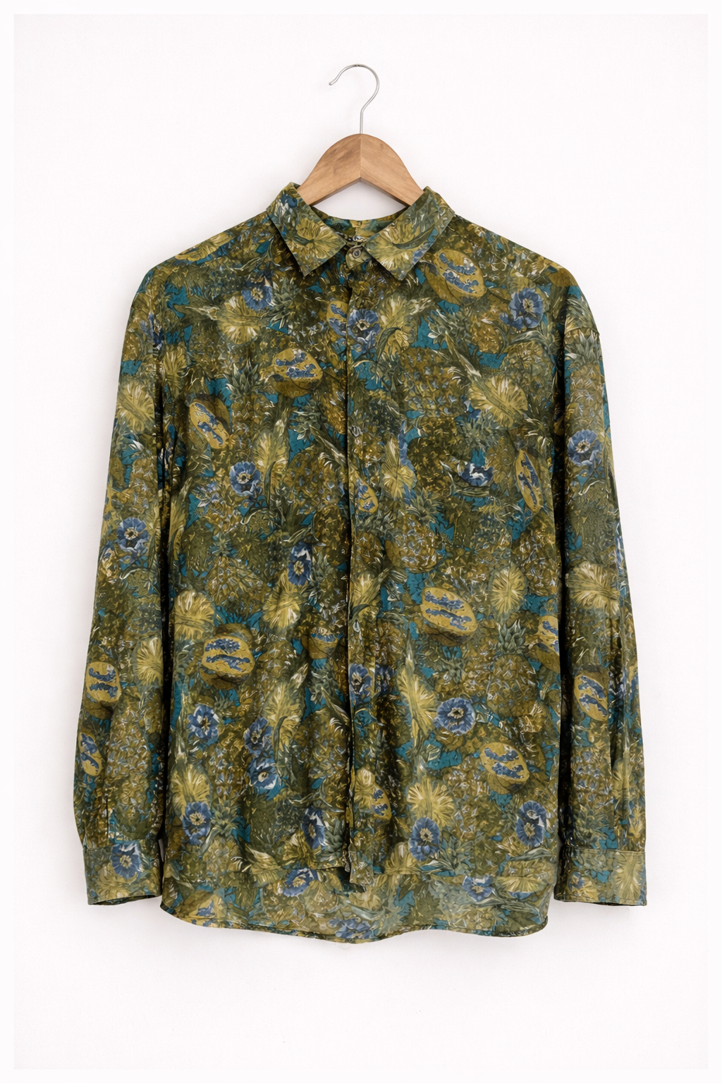 Camisa Vintage Verde de Manga Larga con Estampado Floral