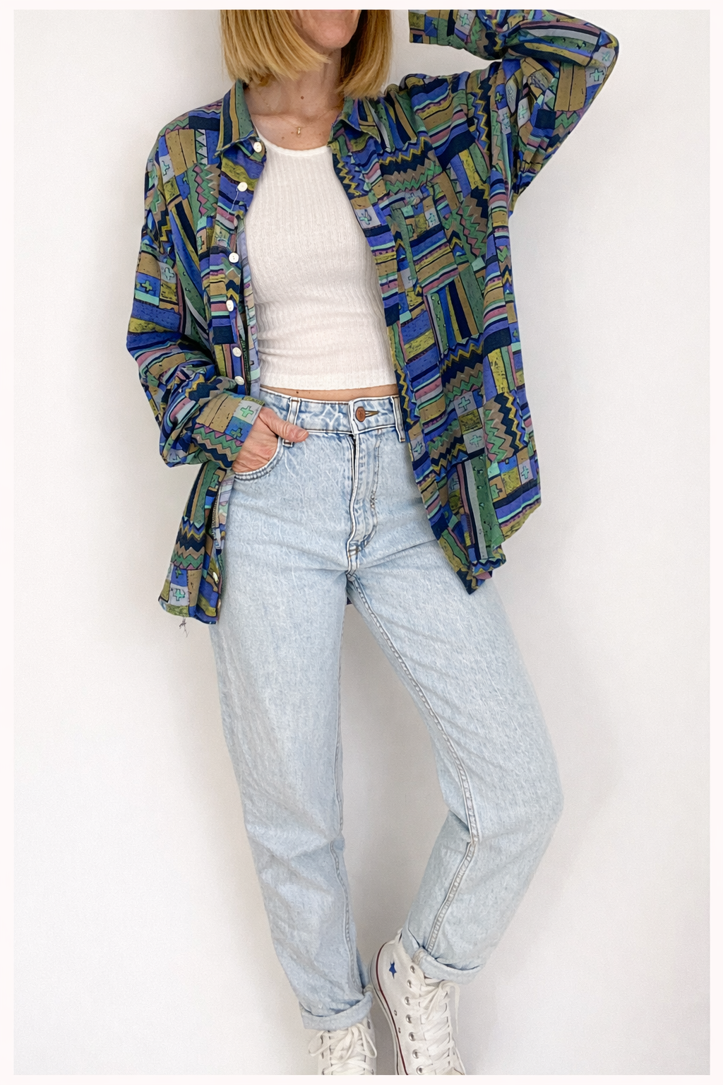 Camisa Vintage de Manga Larga con Estampado Geométrico Verde y Azul