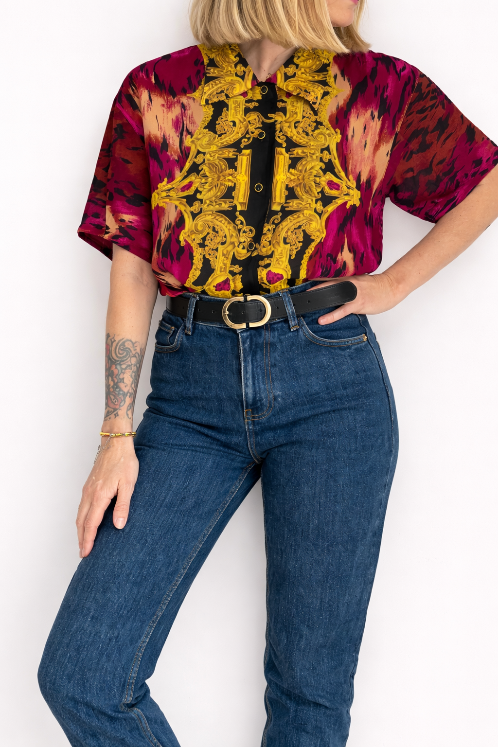 Camisa Vintage Leopardo Rosa de Manga Corta en Viscosa