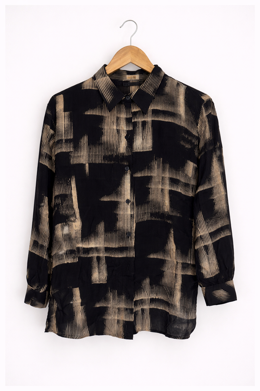 Camisa Vintage Negra de Manga Larga con Rayas Marrón