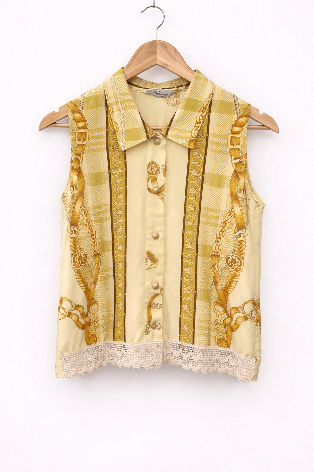 Camisa Vintage Sin Mangas Amarilla con Estampado de Cadenas