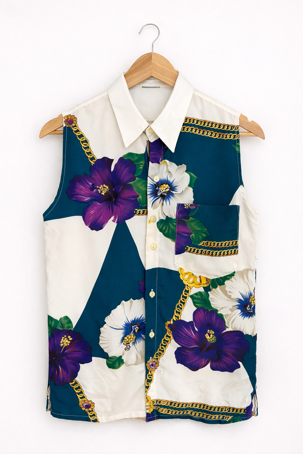 Camisa Vintage Sin Mangas Blanca con Flores Lila