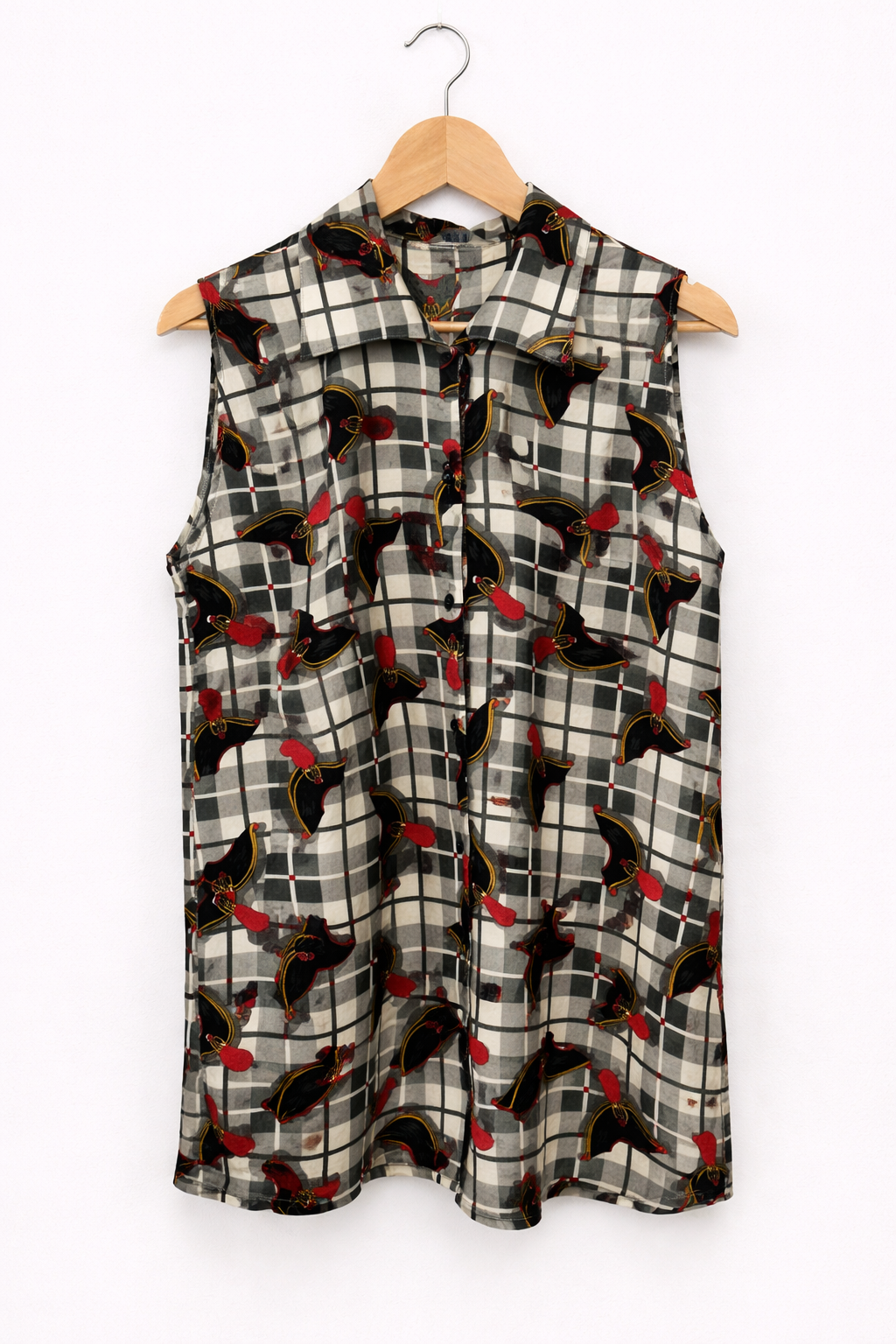 Camisa Vintage Sin Mangas Cuadros con Estampado Original