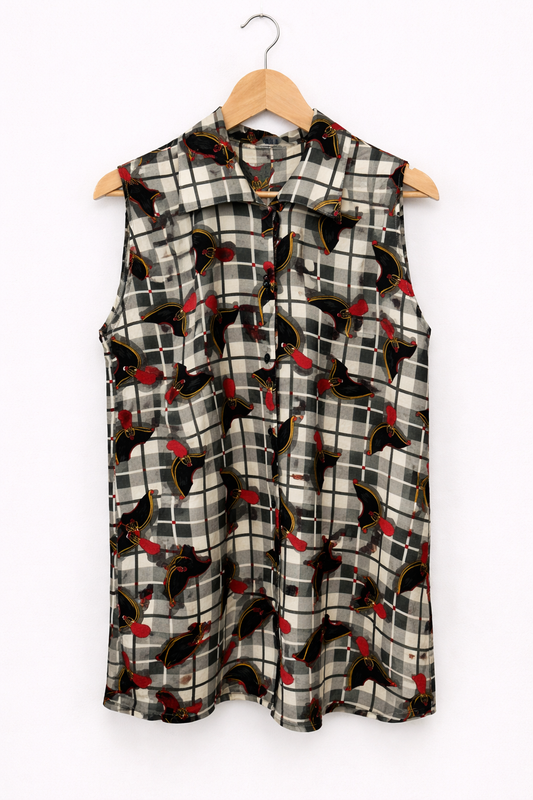 Camisa Vintage Sin Mangas Cuadros con Estampado Original