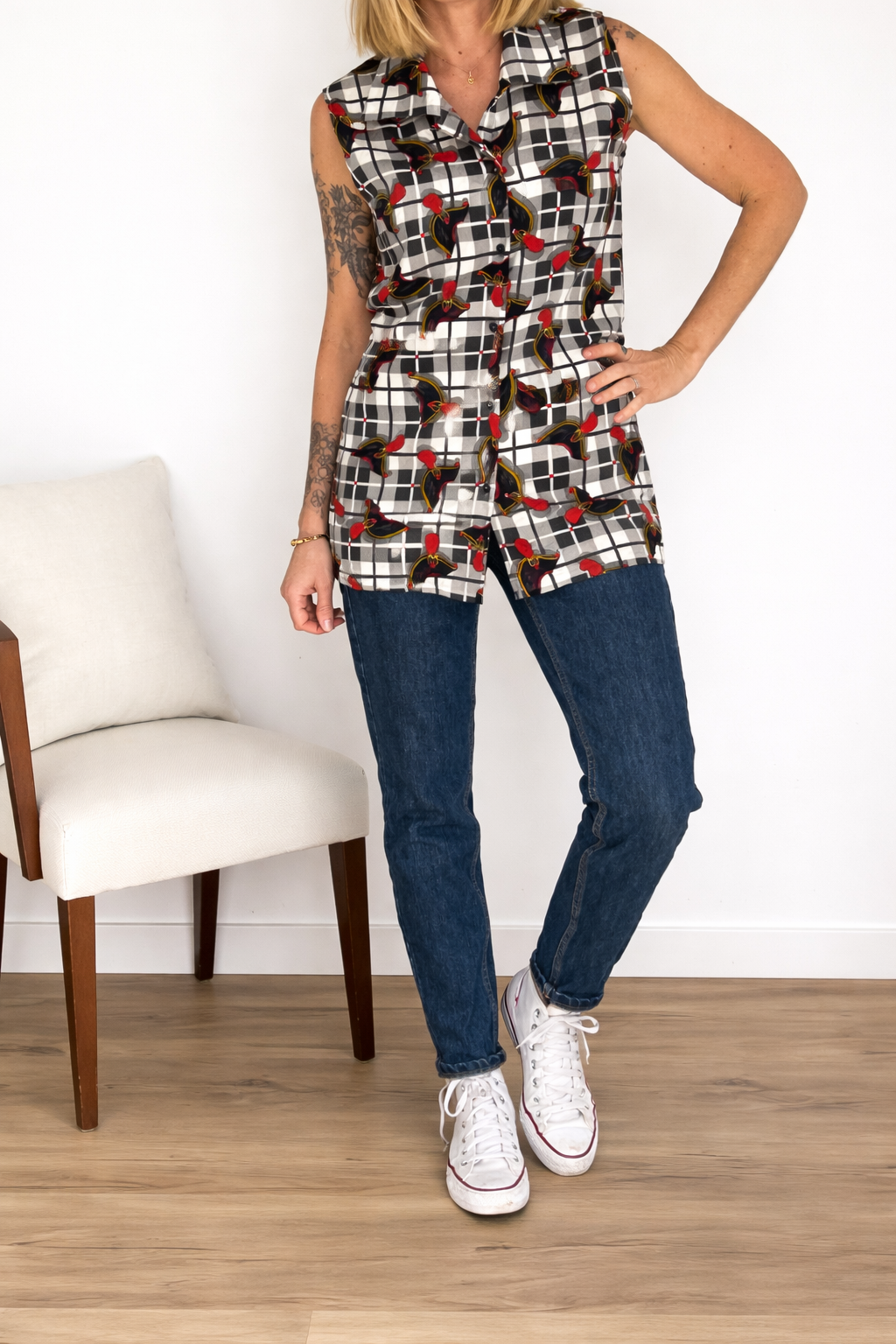 Camisa Vintage Sin Mangas Cuadros con Estampado Original