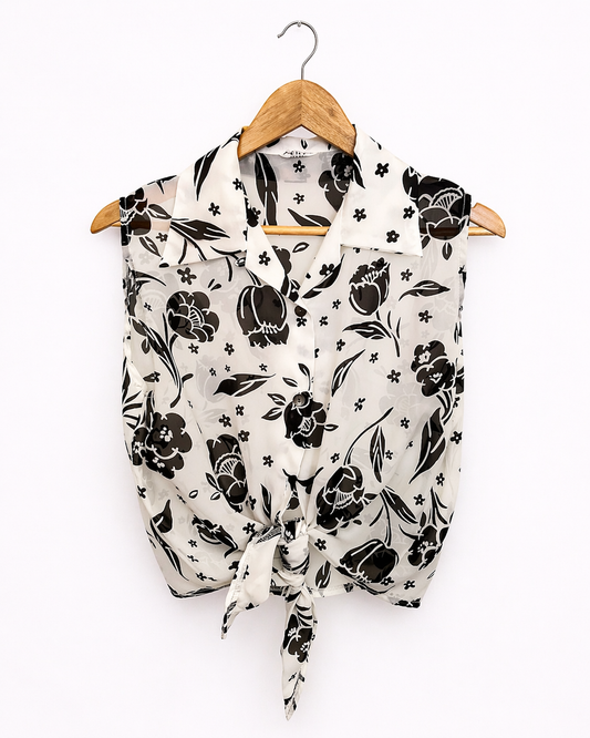 Camisa Vintage Sin Mangas Blanca con Flores Negras y Nudo