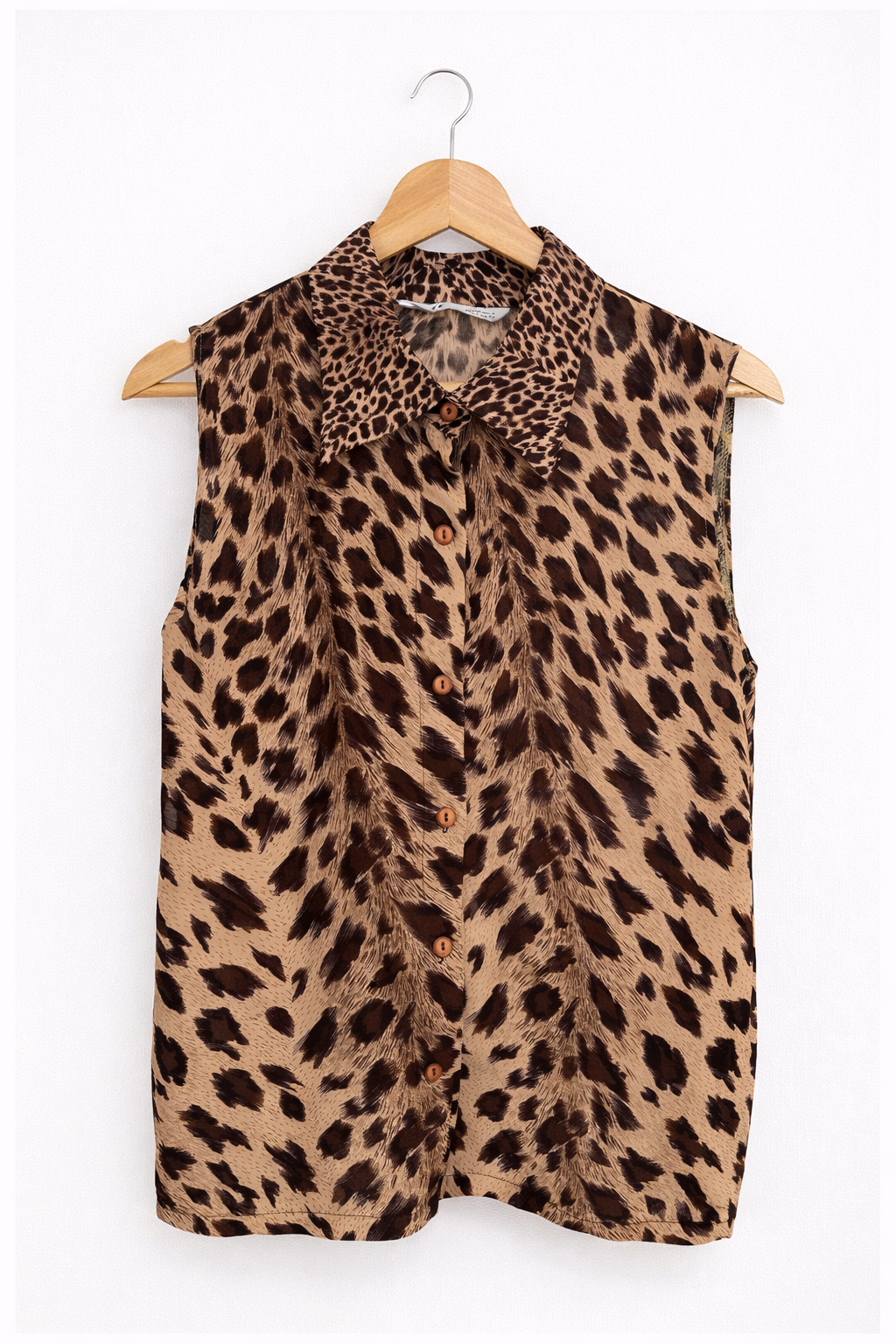 Camisa Vintage Sin Mangas Estampado Leopardo Marrón
