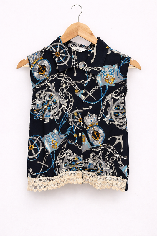 Camisa Vintage Sin Mangas Marinera Azul con Crochet