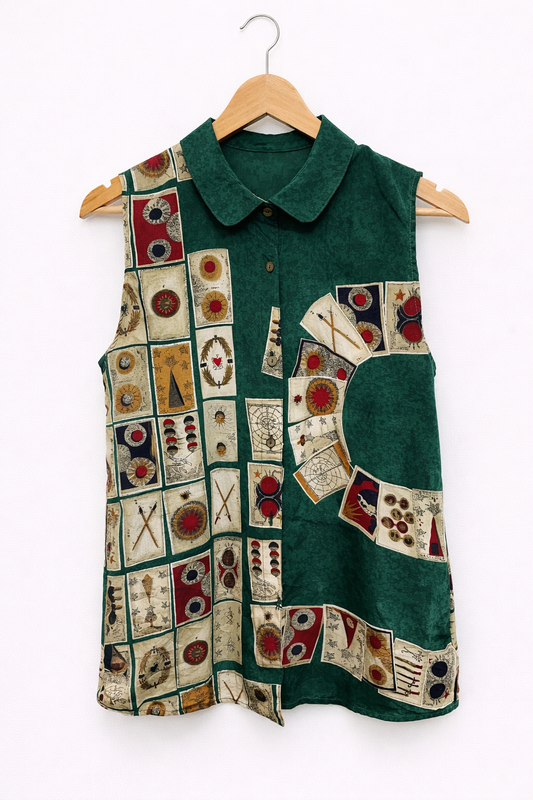 Camisa Vintage Sin Mangas Verde con Estampado de Cartas